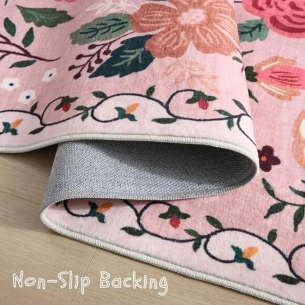 Non Slip 2 x 6 Pink Washable Runner Rugs with Rubber Backing Soft Floral Carpet